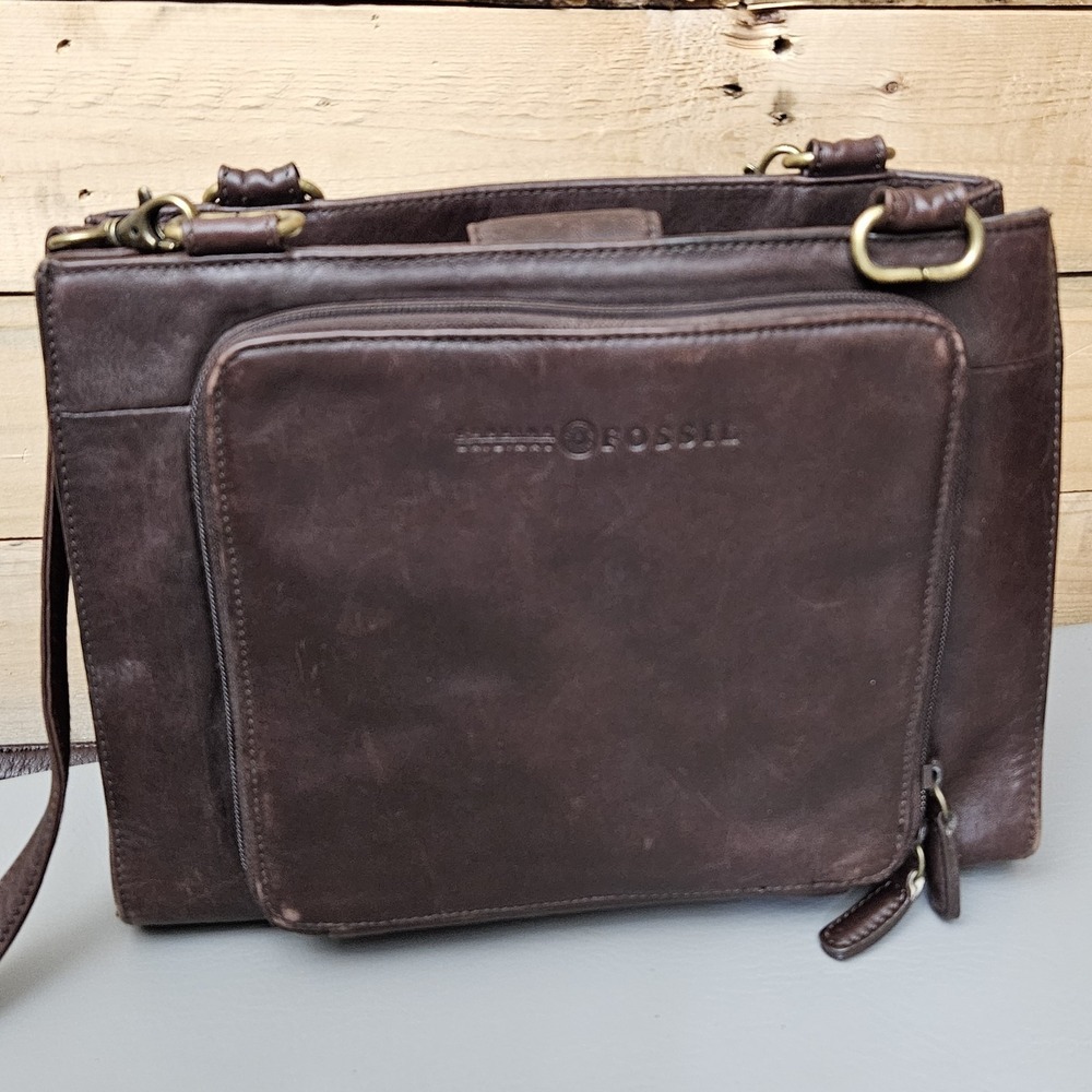 Fossil Leather Handbag Purse Chocolate Brown‎ Outer Pockets Travel